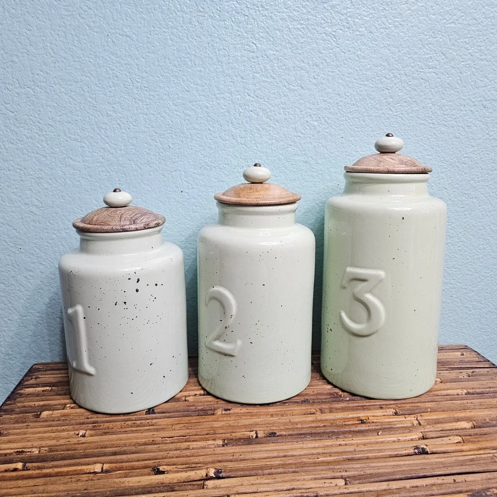 Pier 1 Imports Mint Green Speckled Ceramic Canister Set Wood Lids Farmhouse